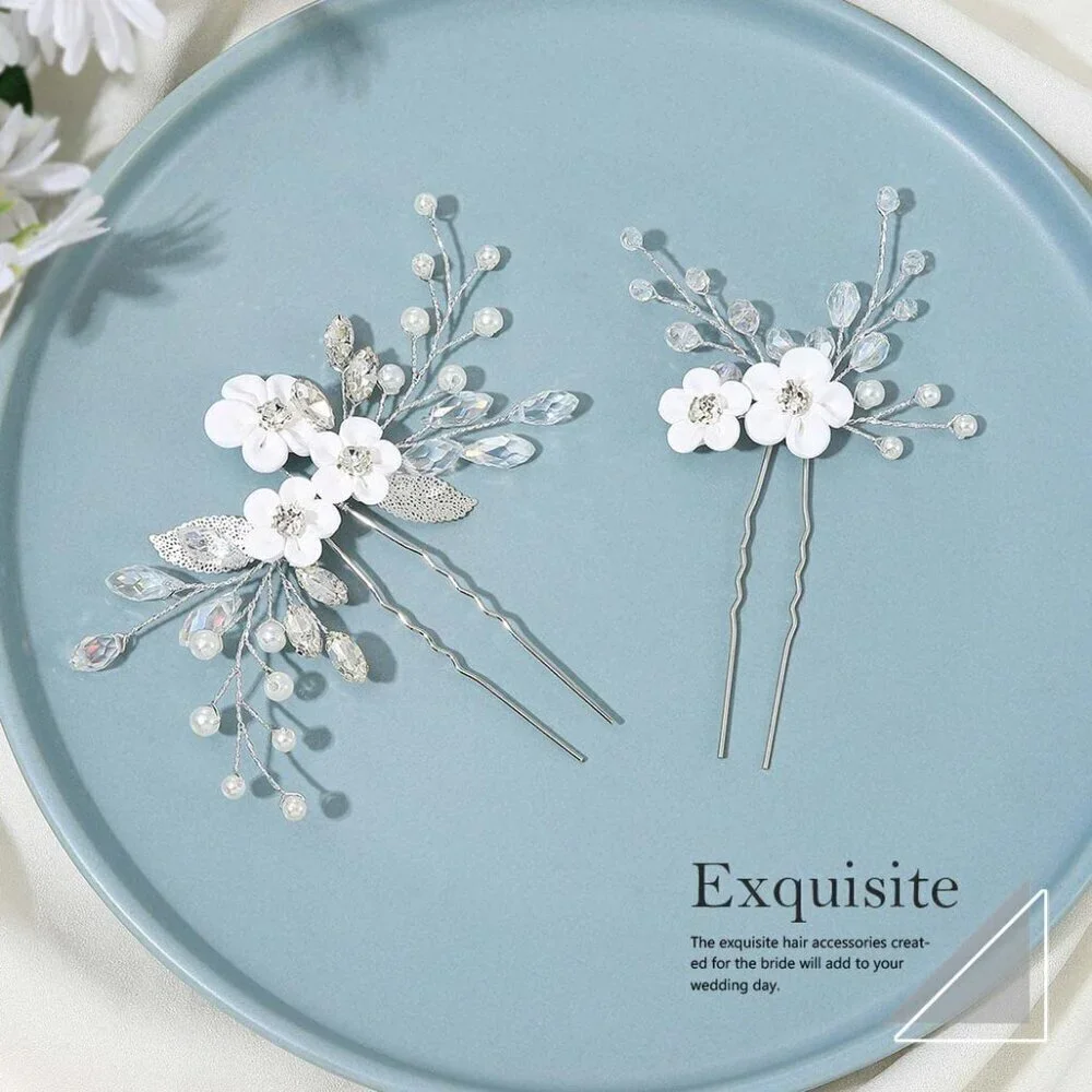 Flower Bride Wedding Hair Pins Silver Rhinestone Bridal Hair Pieces Pearl Hair C